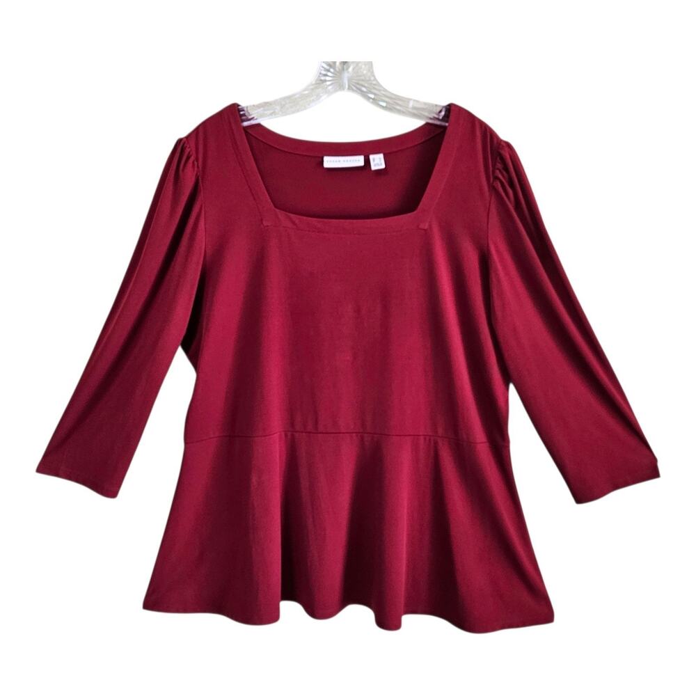SUSAN GRAVER Women L Peplum Top Burgundy Square Neck 3/4 Sleeve Liquid Knit 42"